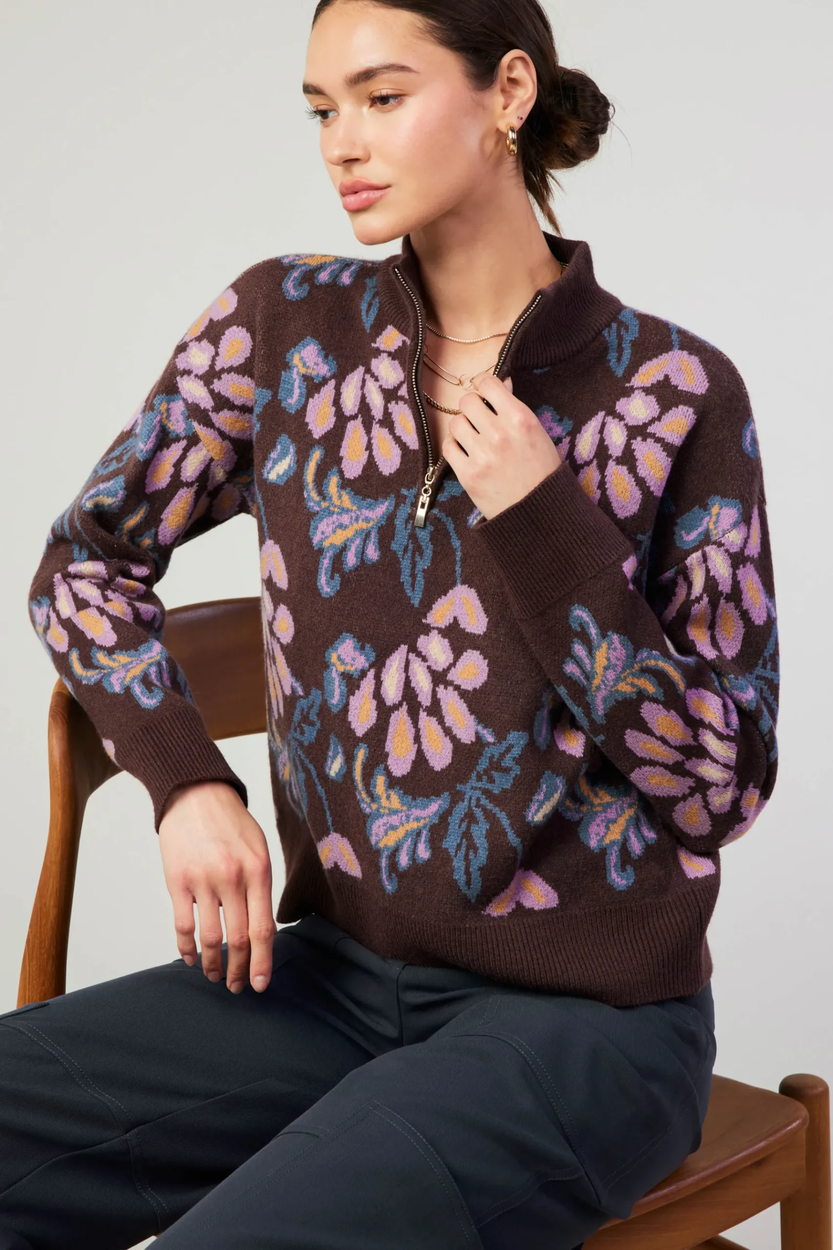Outlet Floral Jacquard Zip Sweater Women Knitwear | Sweaters