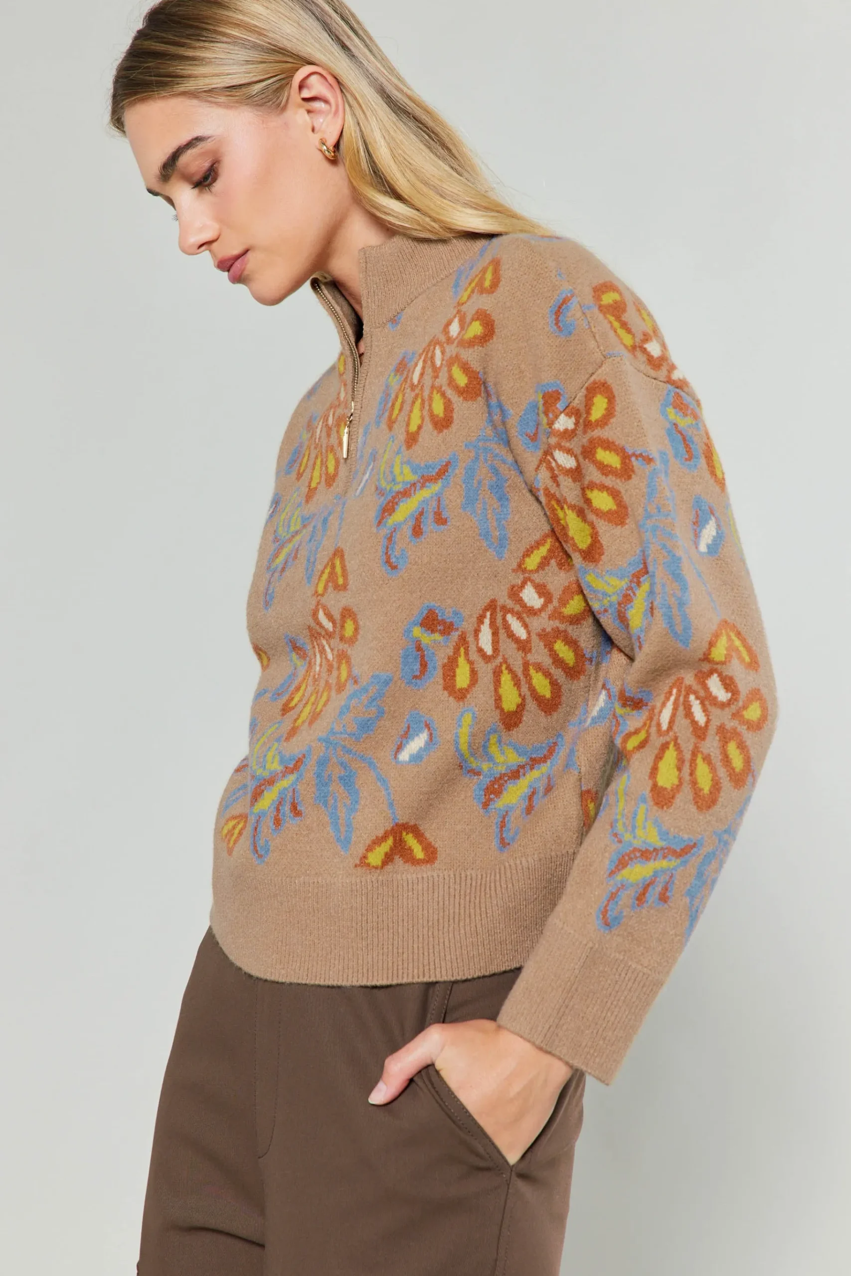 New Floral Jacquard Zip Sweater Women Knitwear | Sweaters