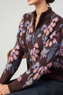 Outlet Floral Jacquard Zip Sweater Women Knitwear | Sweaters