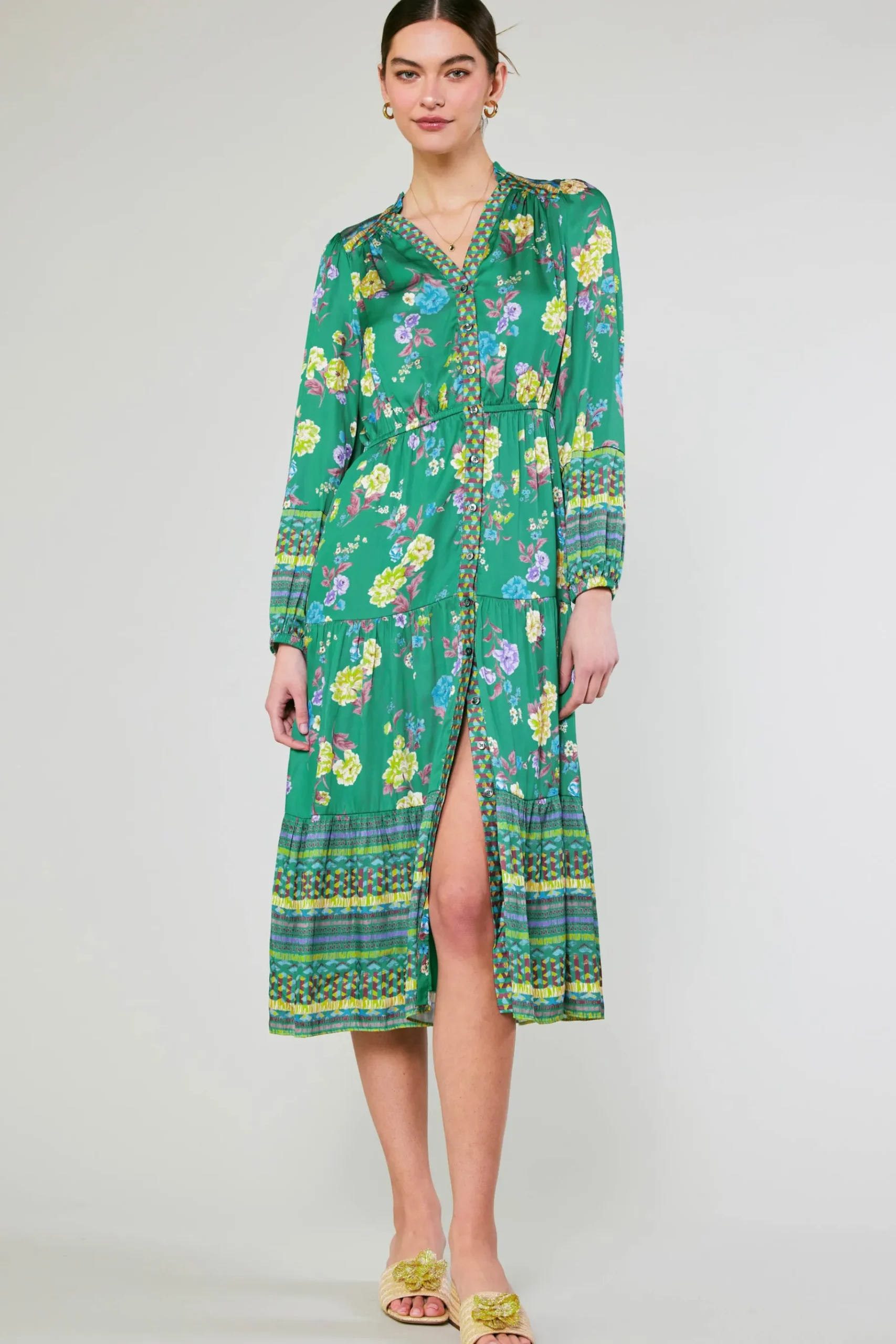 Online Floral Motif Buttondown Dress Women Midi Dresses