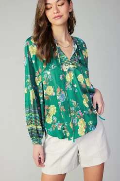 Best Floral Motif Tieneck Blouse Women Long Sleeve Tops