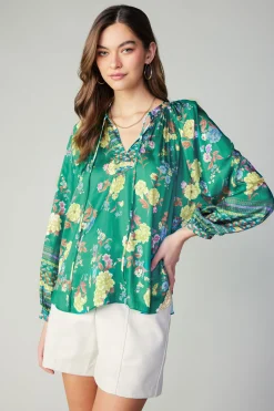 Best Floral Motif Tieneck Blouse Women Long Sleeve Tops