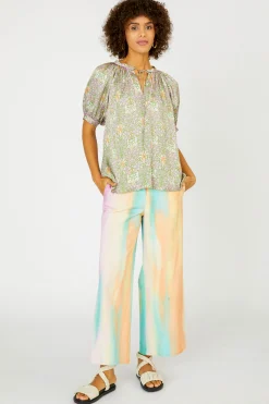 New Floral Nouveau Split Neck Blouse Women Short Sleeve Tops