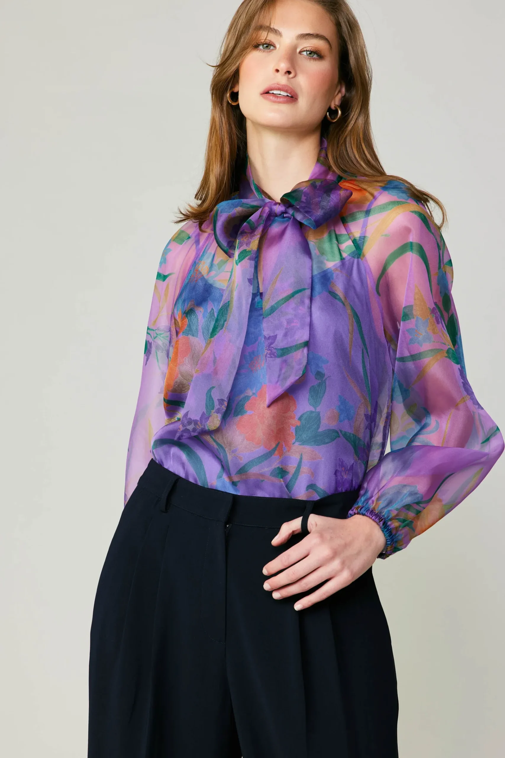Discount Floral Organza Blouse Women Long Sleeve Tops