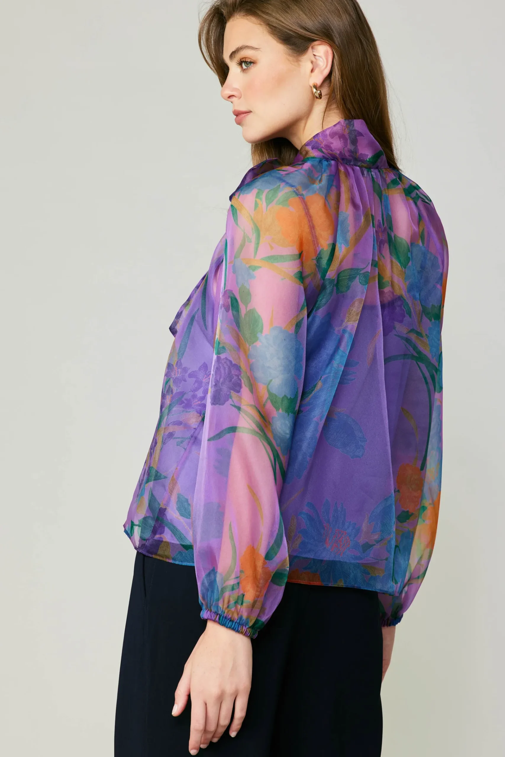 Discount Floral Organza Blouse Women Long Sleeve Tops