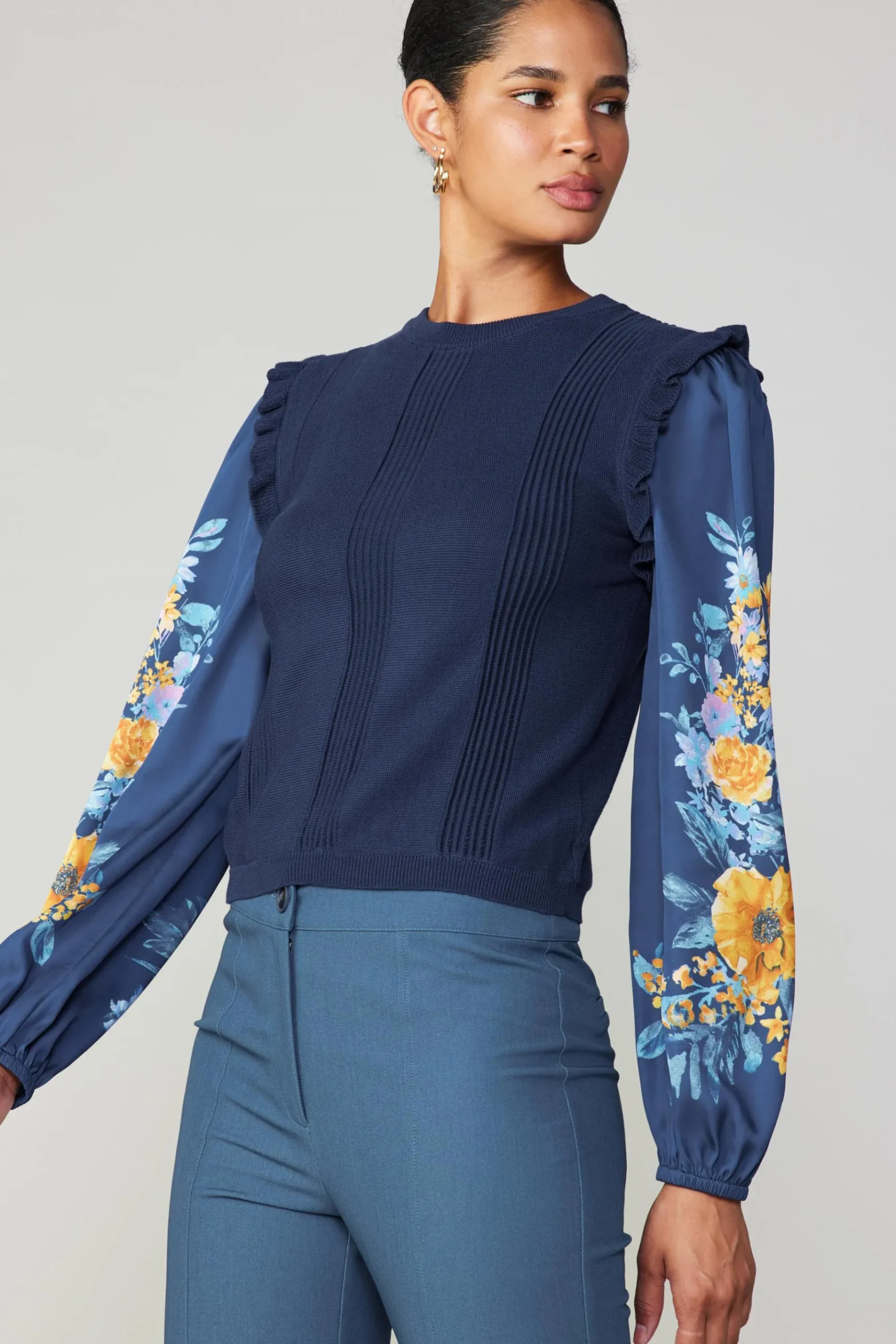 Discount Floral Print Contrast Sweater Top Women Sweaters