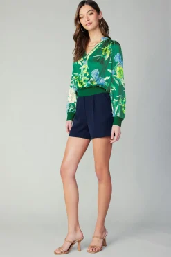 Hot Floral Print Surplice Blouse Women Long Sleeve Tops