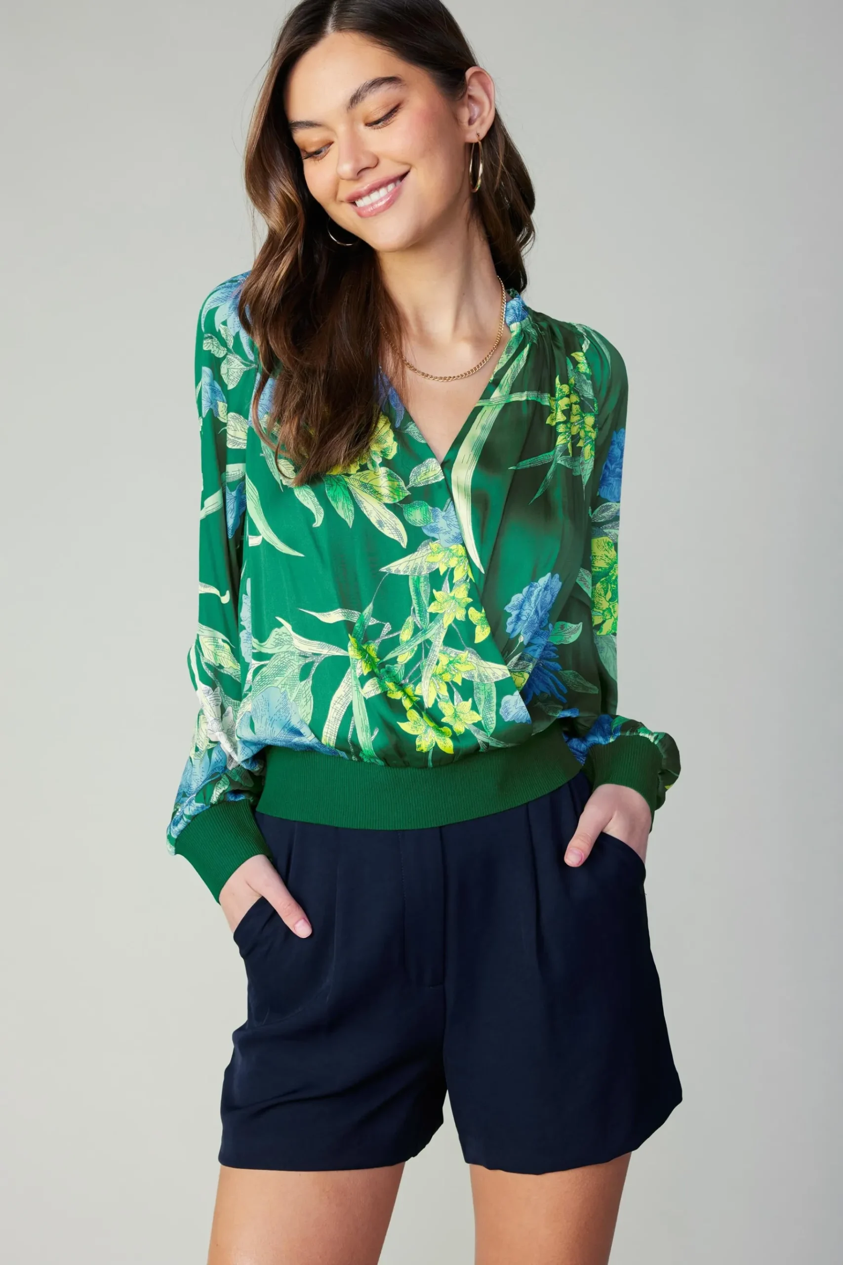 Hot Floral Print Surplice Blouse Women Long Sleeve Tops
