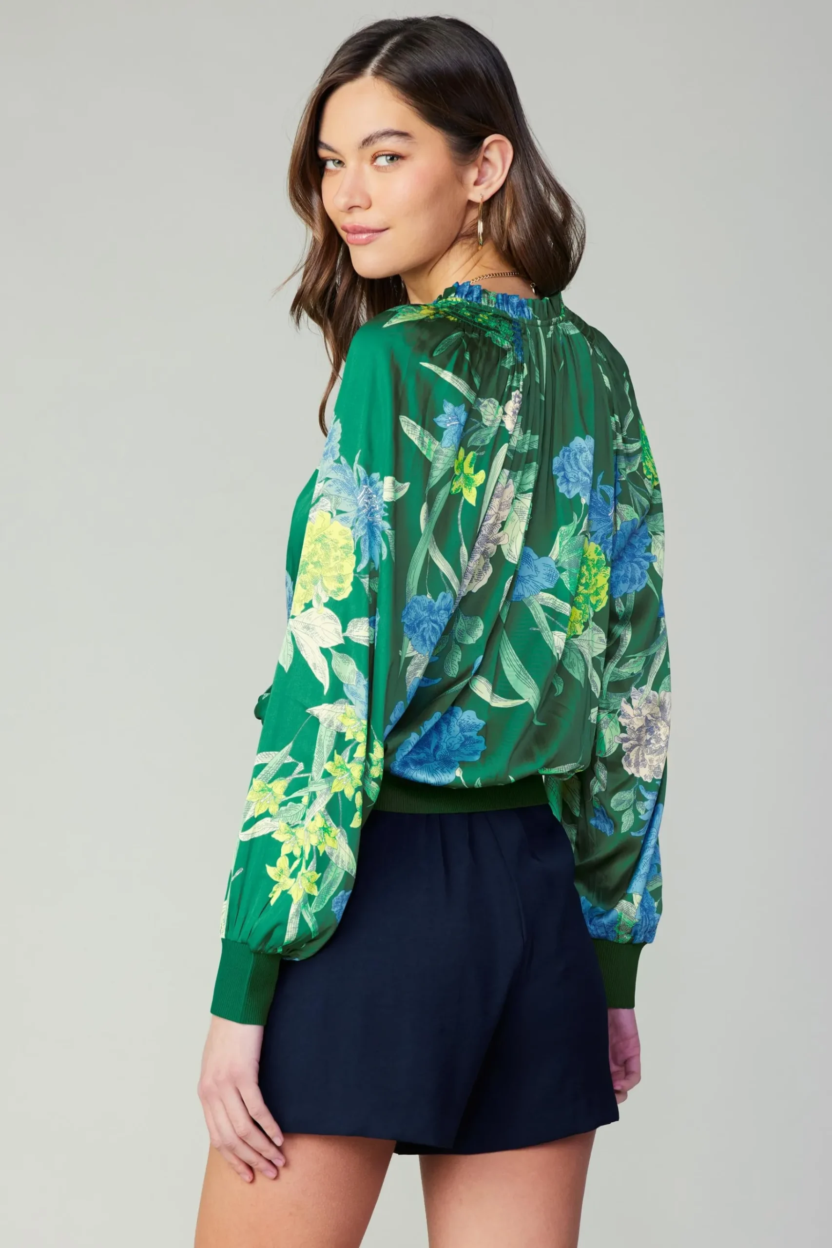 Hot Floral Print Surplice Blouse Women Long Sleeve Tops