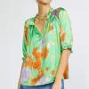 Sale Floral Split Neck Blouse Women Short Sleeve Tops