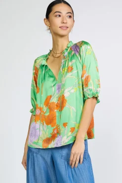 Sale Floral Split Neck Blouse Women Short Sleeve Tops