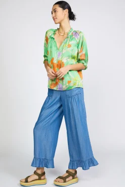 Sale Floral Split Neck Blouse Women Short Sleeve Tops