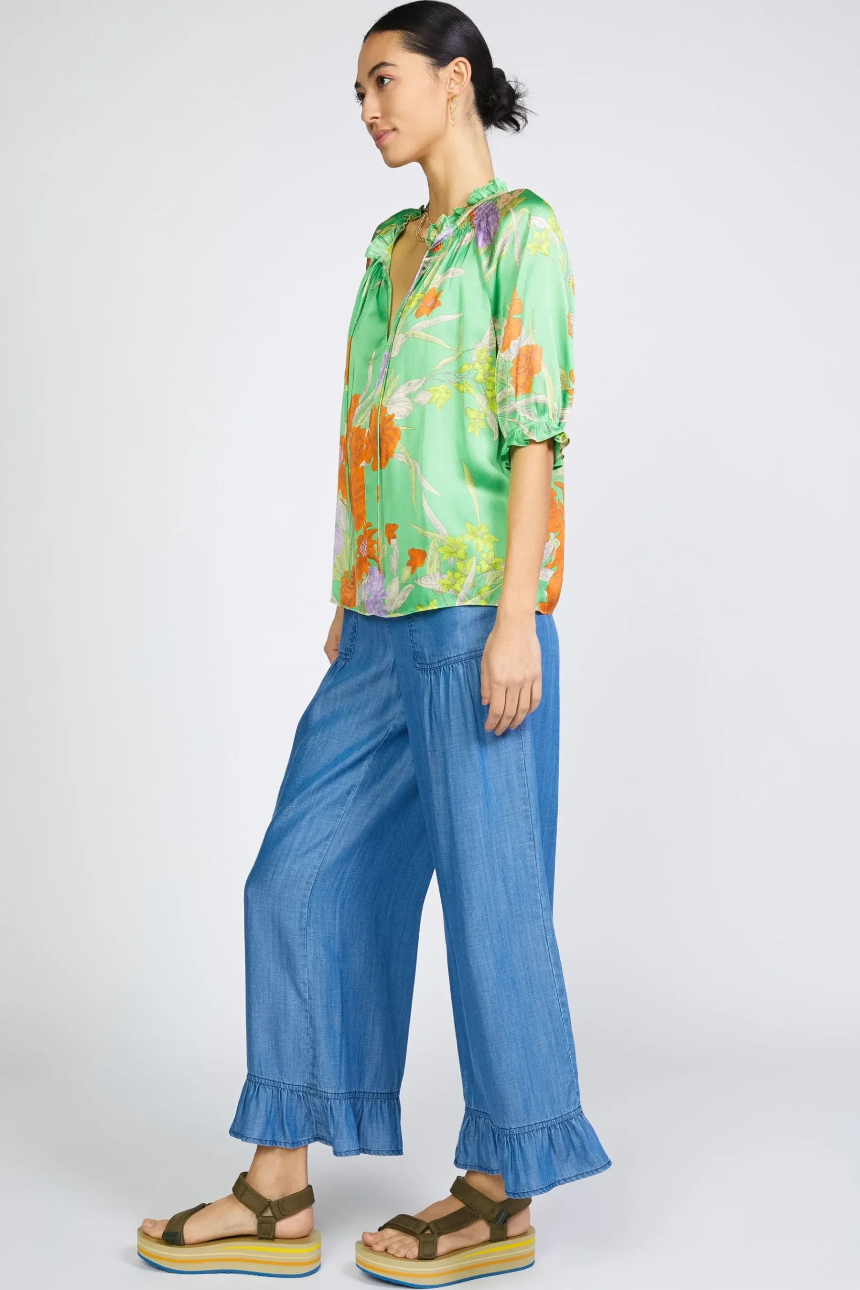 Sale Floral Split Neck Blouse Women Short Sleeve Tops