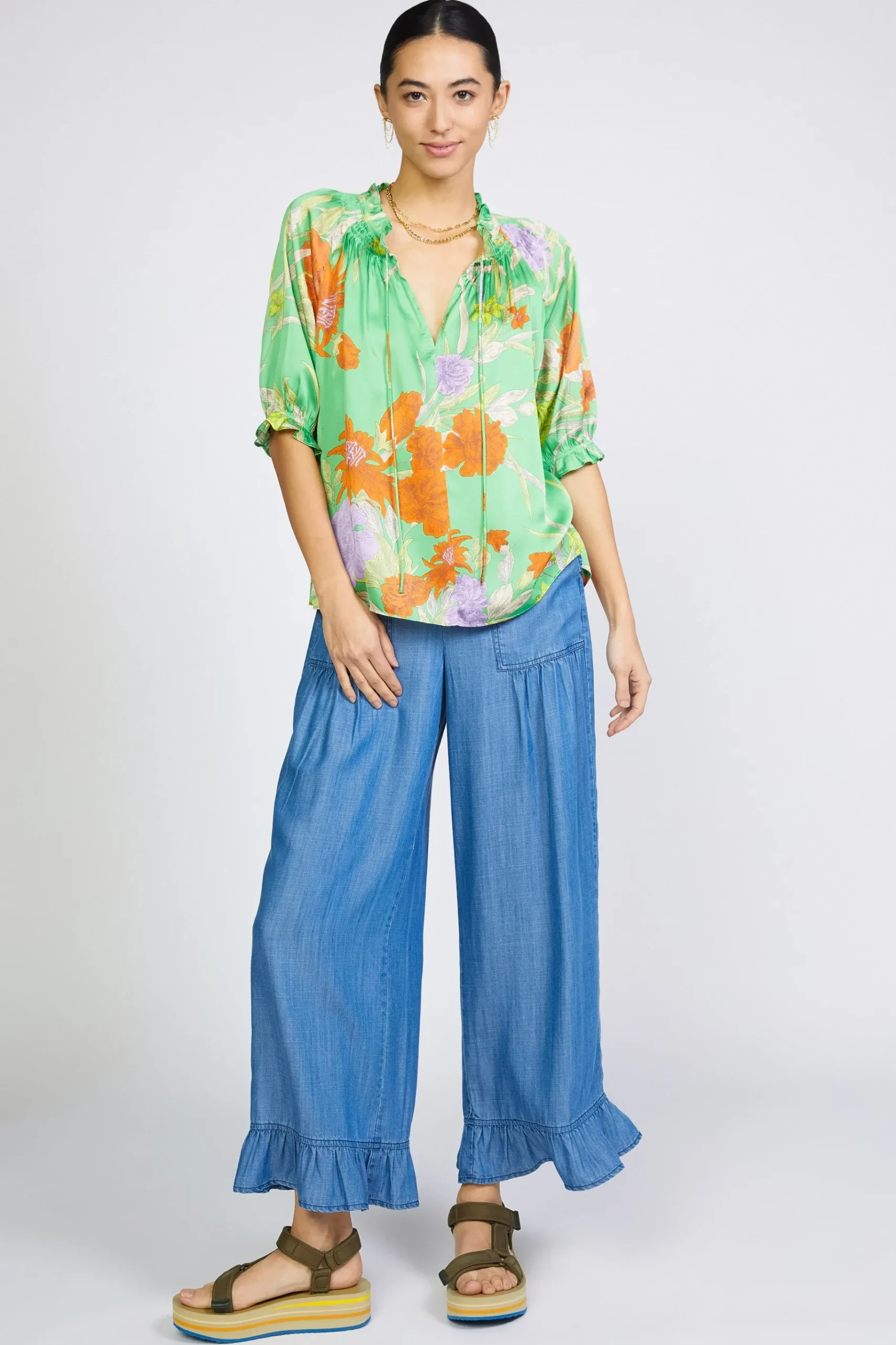 Sale Floral Split Neck Blouse Women Short Sleeve Tops