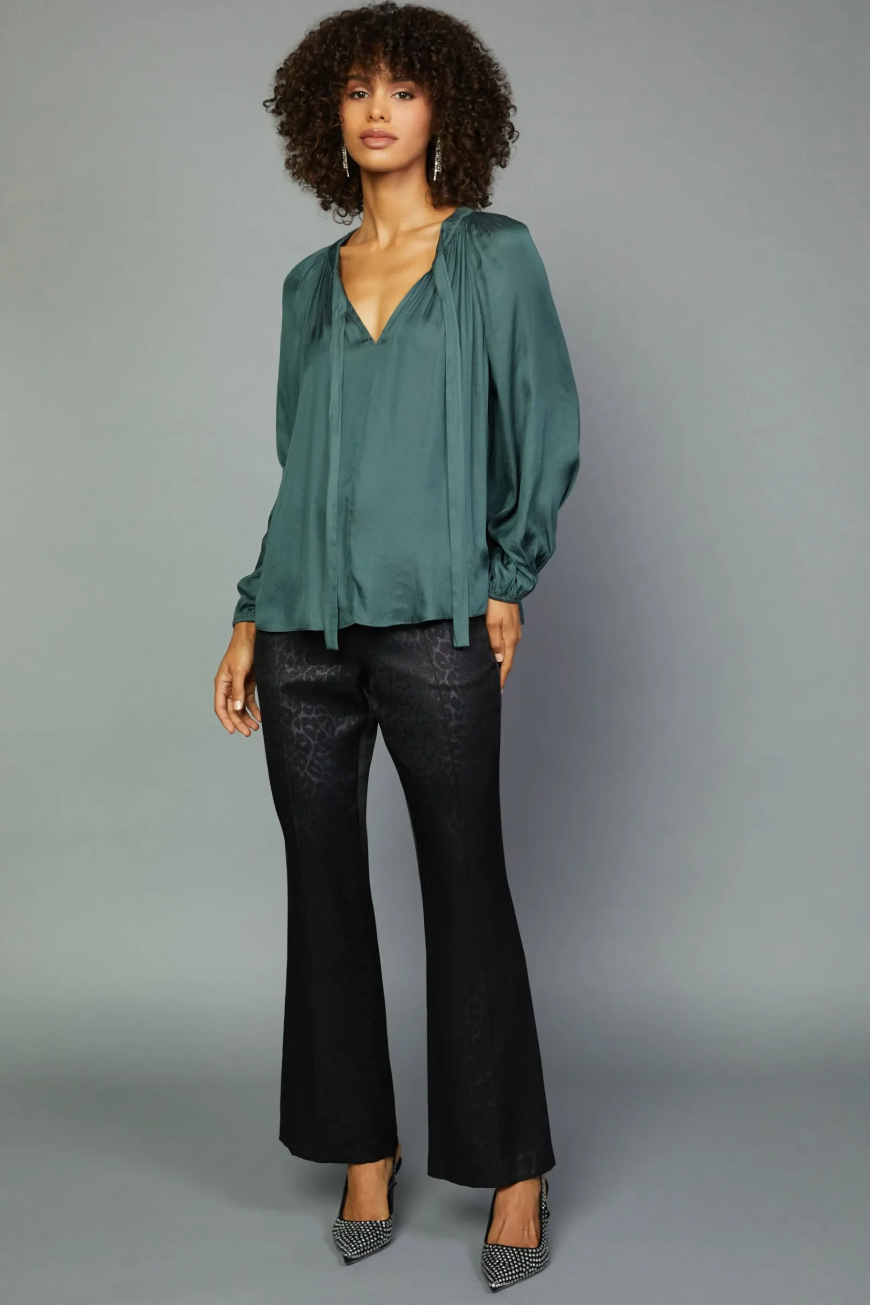 Sale Gathered Bow Tie Blouse Women Long Sleeve Tops