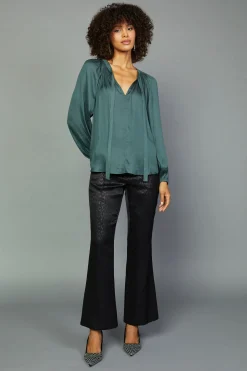 Sale Gathered Bow Tie Blouse Women Long Sleeve Tops