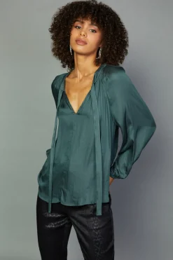 Sale Gathered Bow Tie Blouse Women Long Sleeve Tops