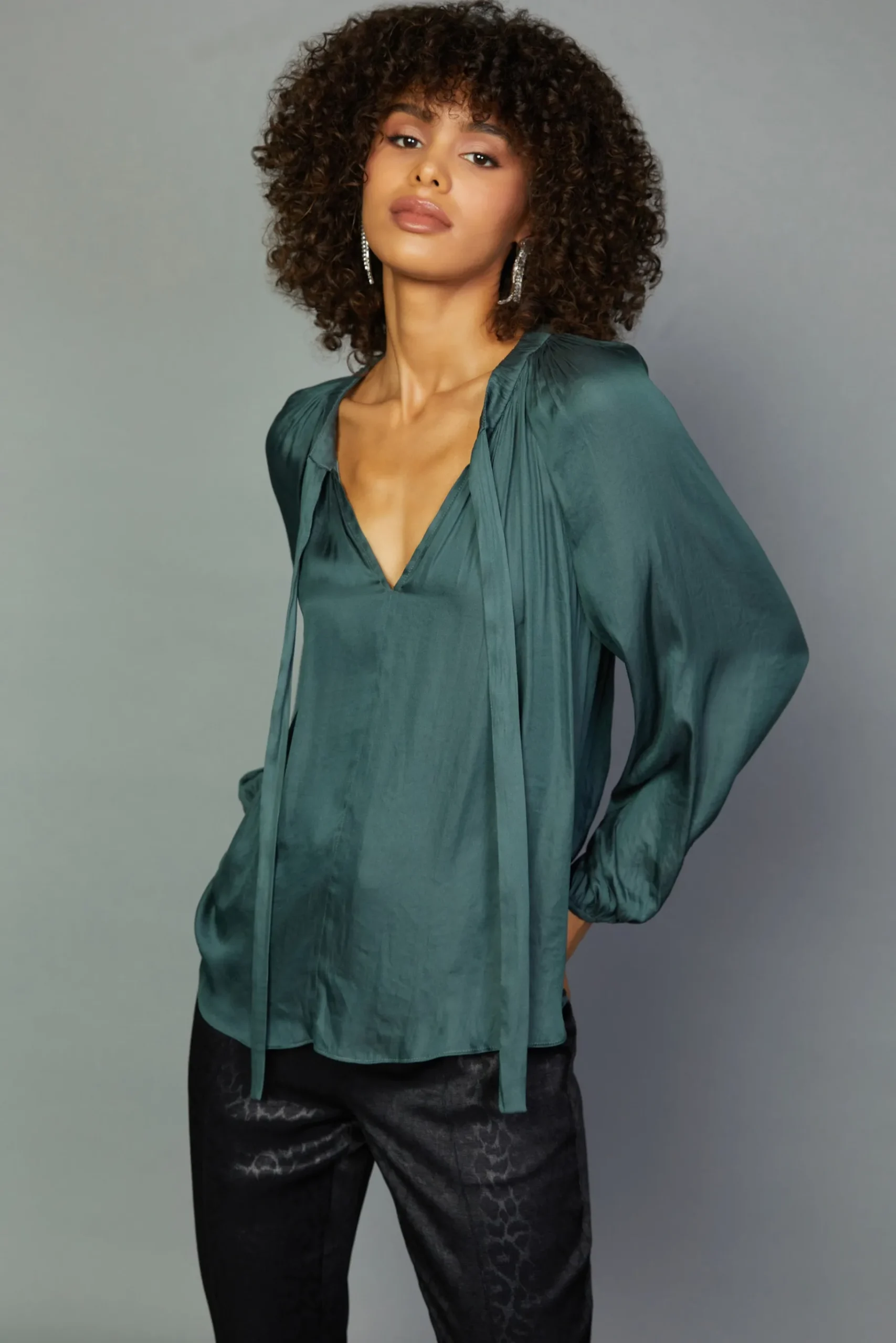 Sale Gathered Bow Tie Blouse Women Long Sleeve Tops