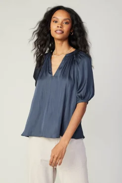 Outlet Gathered Neckline Blouse Women Short Sleeve Tops
