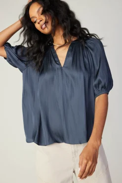 Outlet Gathered Neckline Blouse Women Short Sleeve Tops