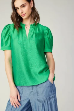 Fashion Gathered Sleeve Blouse Women Short Sleeve Tops