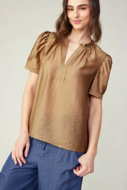 Online Gathered Sleeve Blouse Women Short Sleeve Tops