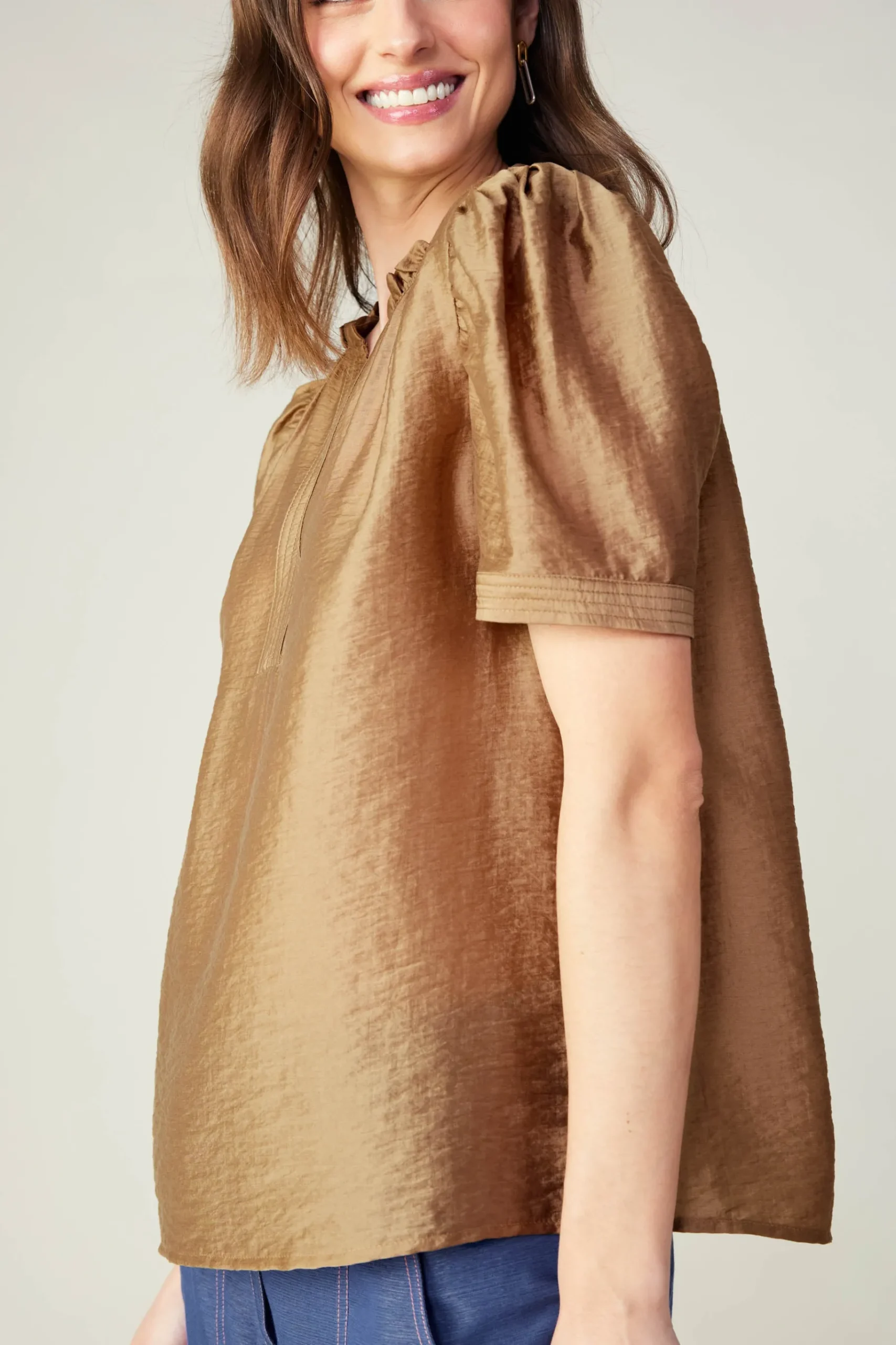 Online Gathered Sleeve Blouse Women Short Sleeve Tops