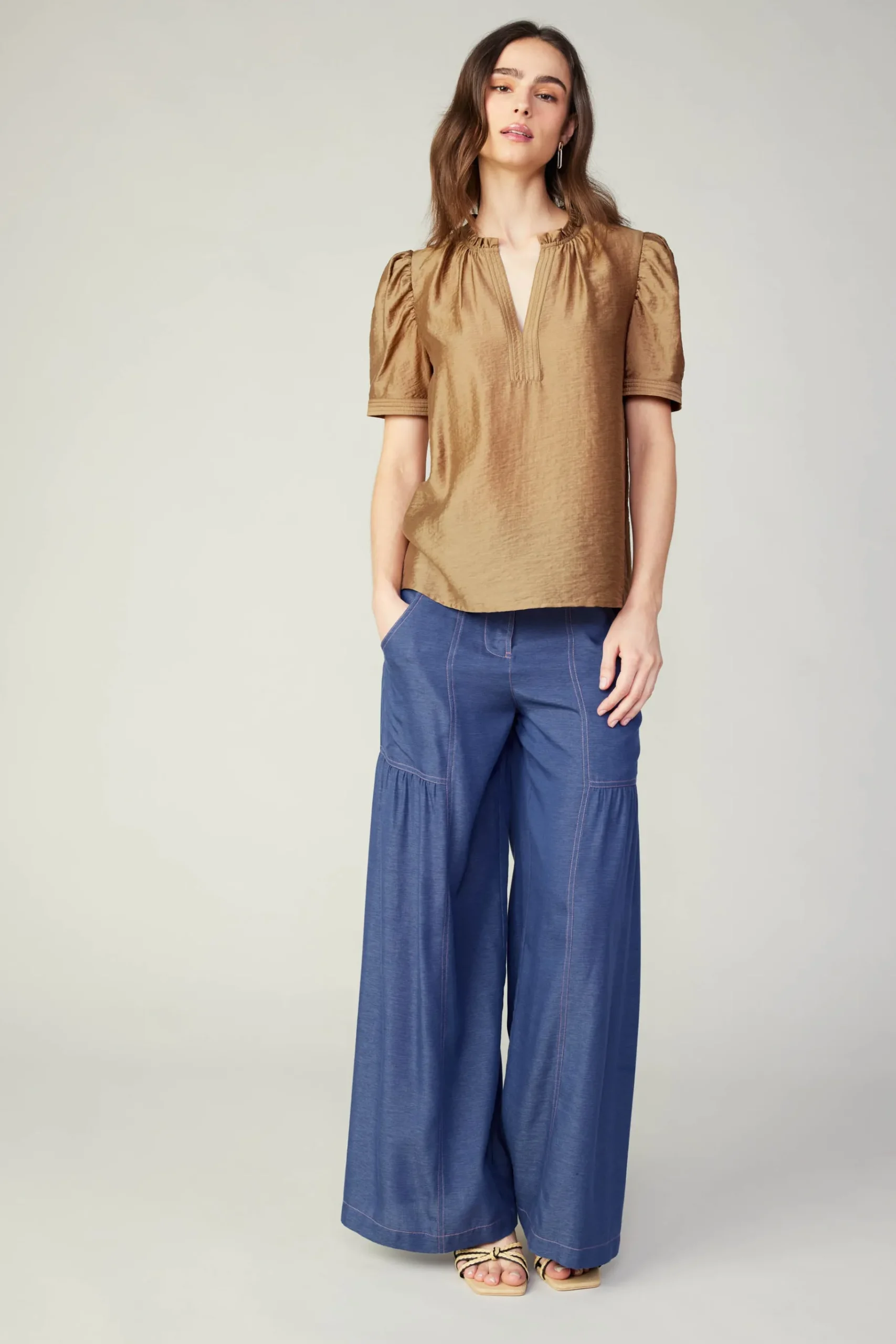 Online Gathered Sleeve Blouse Women Short Sleeve Tops