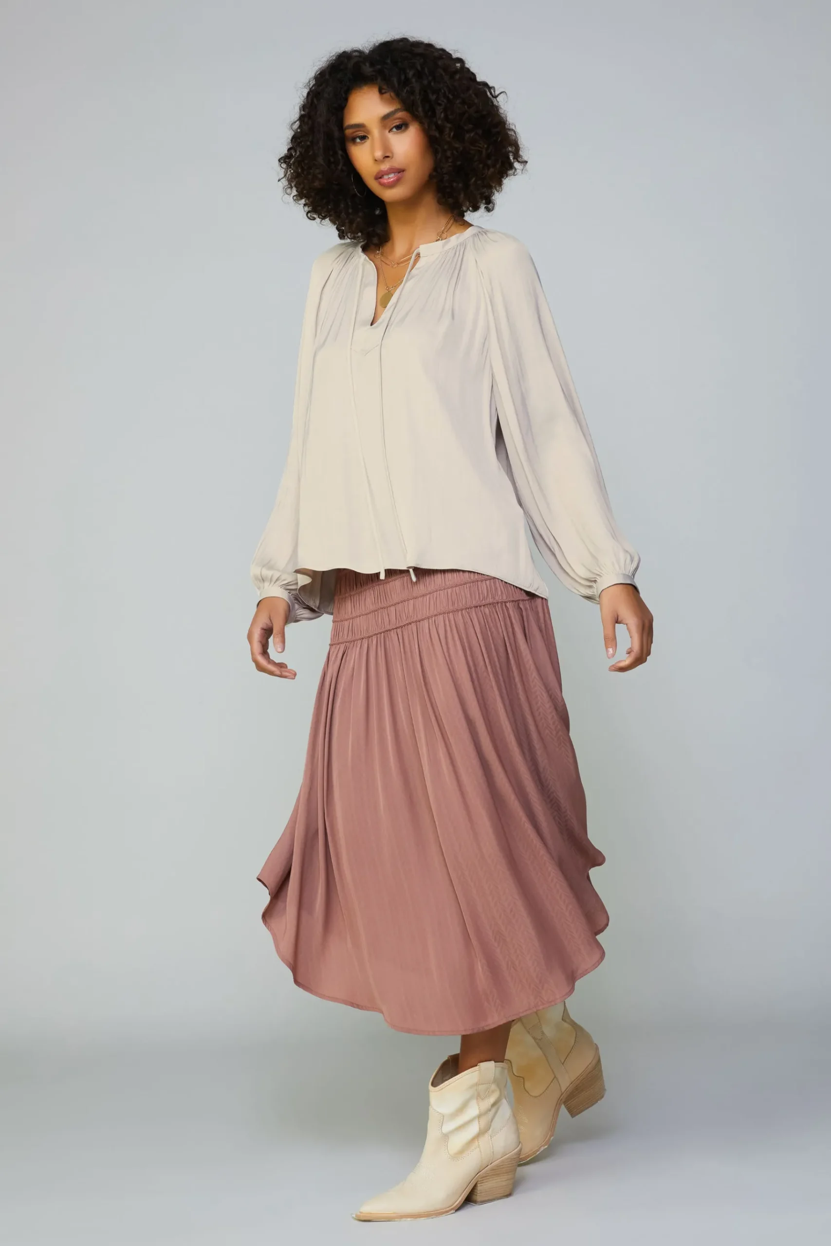 Hot Gathered Split Neck Blouse Women Long Sleeve Tops