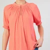 Clearance Gathered Yoke Blouse Women Short Sleeve Tops
