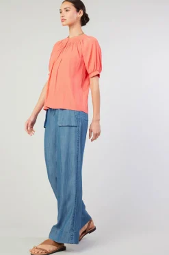 Clearance Gathered Yoke Blouse Women Short Sleeve Tops