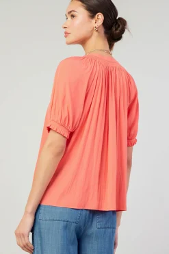 Clearance Gathered Yoke Blouse Women Short Sleeve Tops