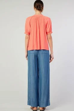 Clearance Gathered Yoke Blouse Women Short Sleeve Tops