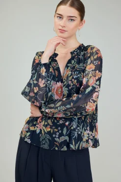 Best Glimmer Botanical Pleated Blouse Women Long Sleeve Tops