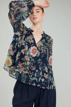 Best Glimmer Botanical Pleated Blouse Women Long Sleeve Tops