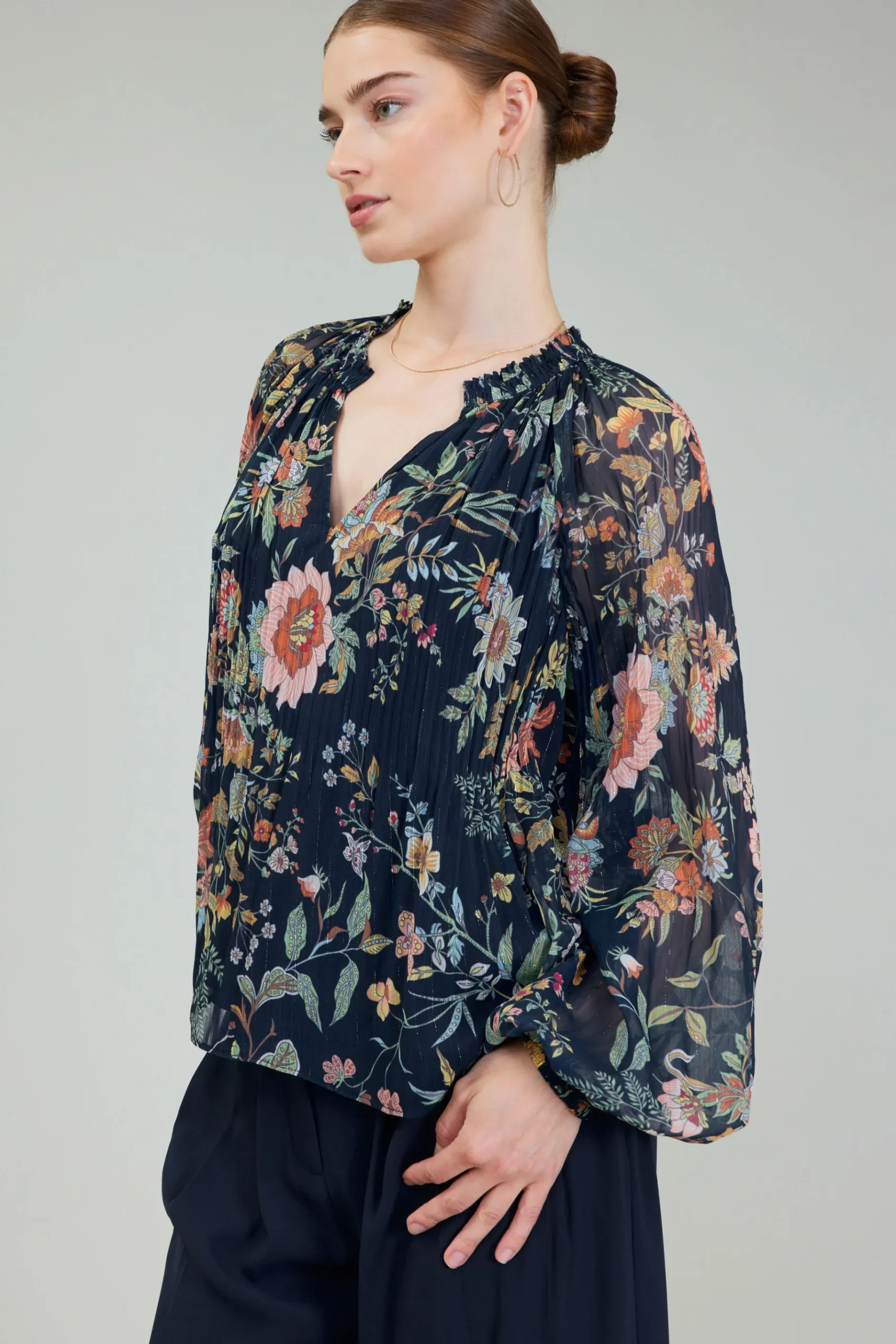 Best Glimmer Botanical Pleated Blouse Women Long Sleeve Tops