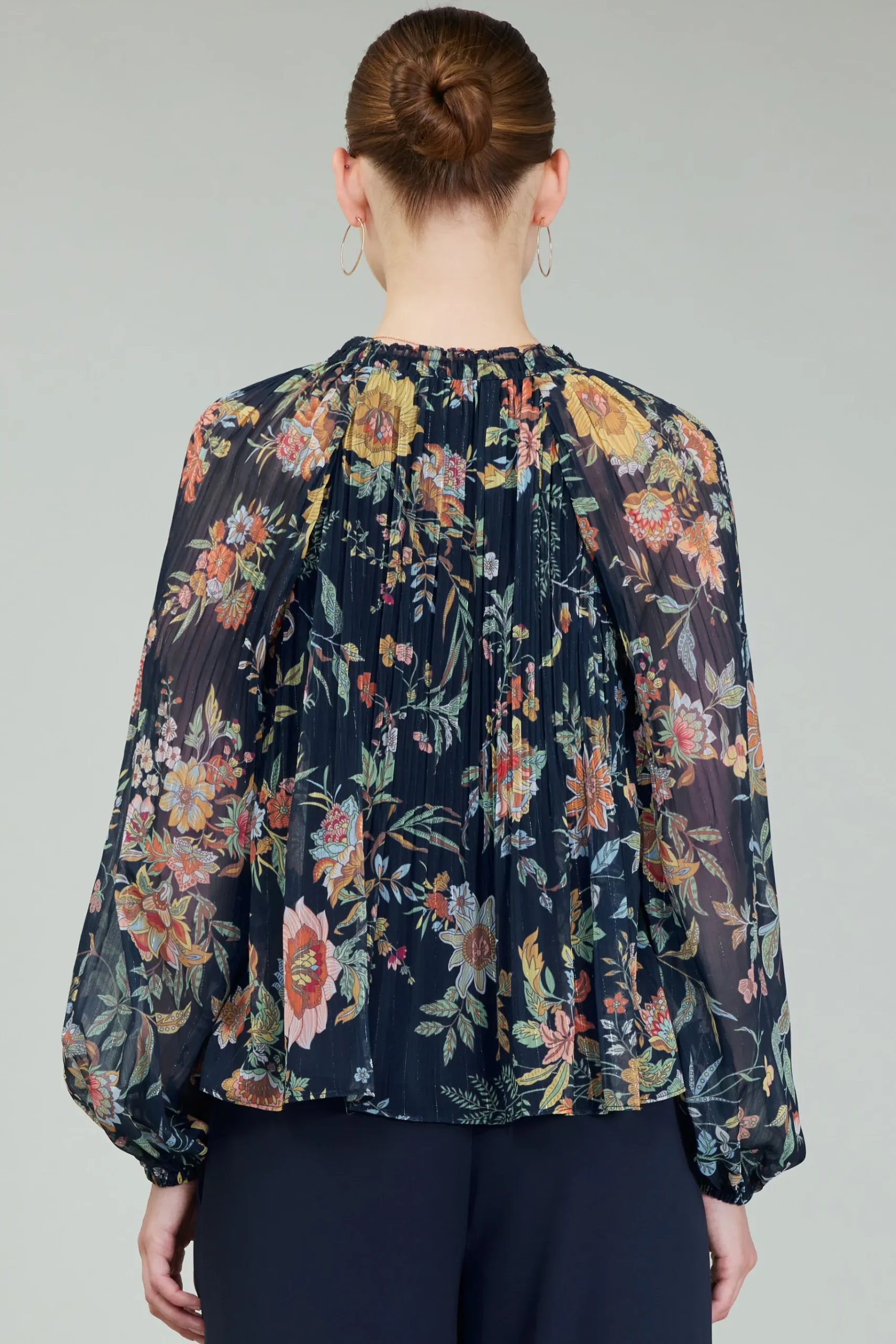 Best Glimmer Botanical Pleated Blouse Women Long Sleeve Tops