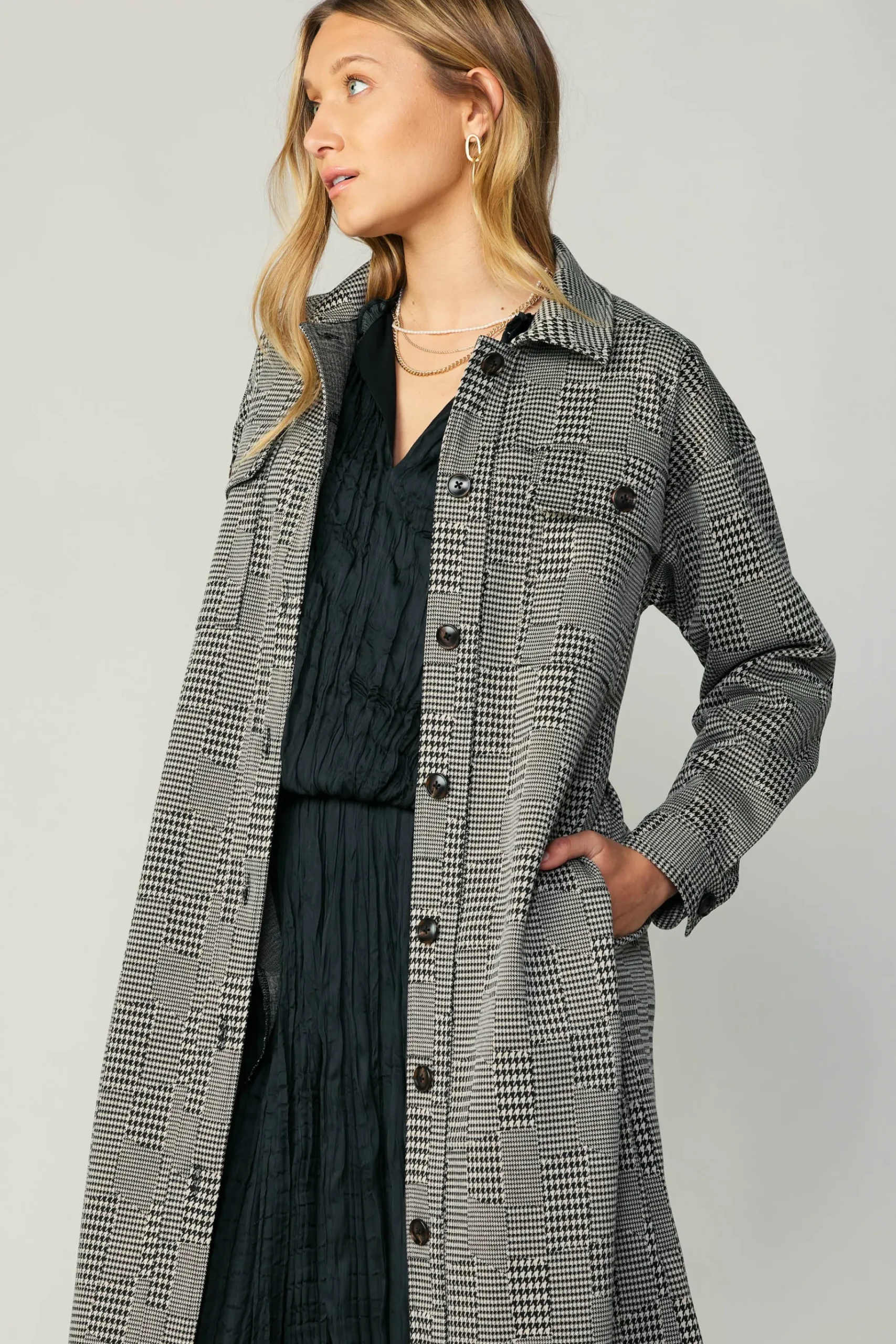 Best Houndstooth Long Shacket Coat Women Coats & Jackets