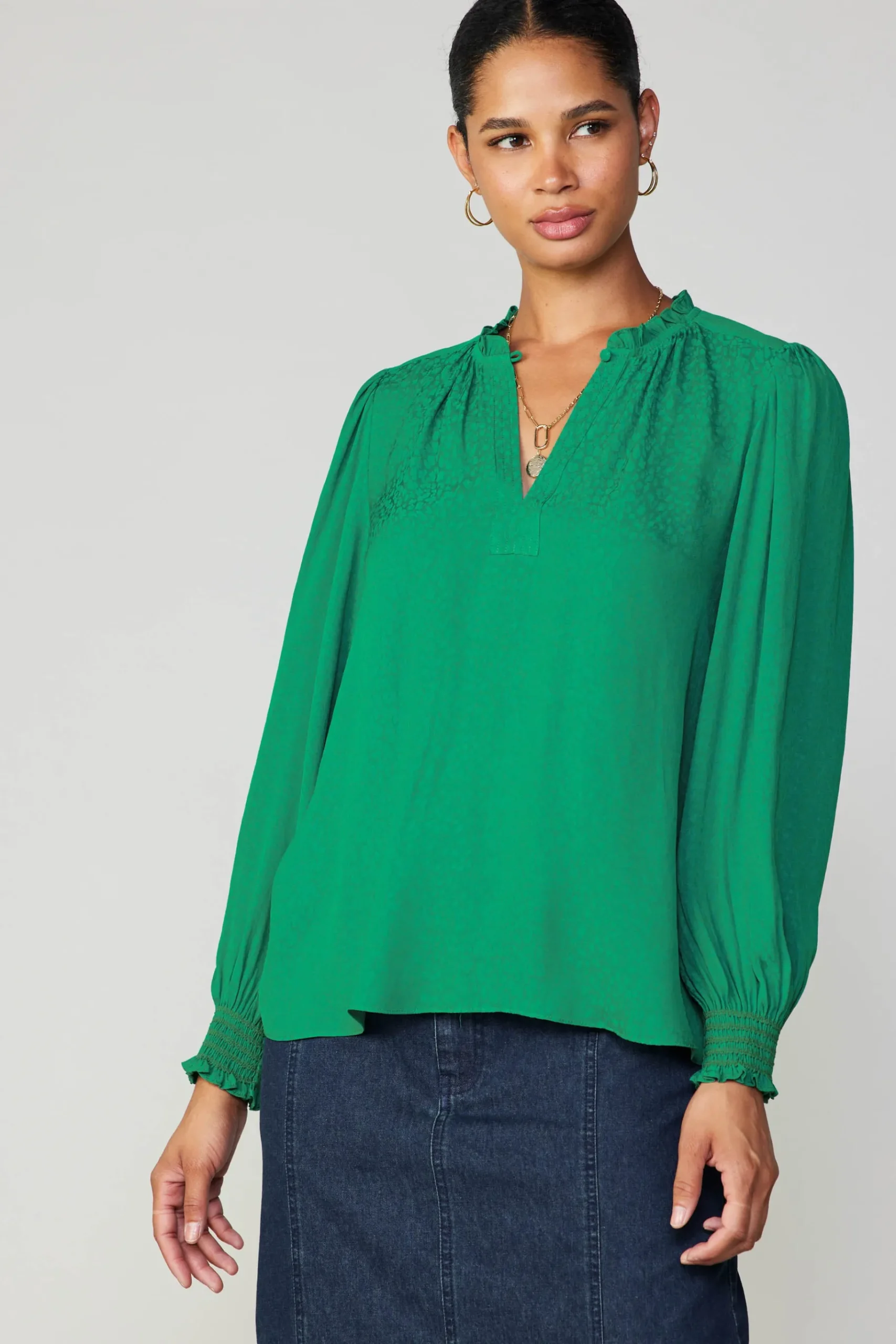 Discount Jacquard Ruffled Neck Blouse Women Long Sleeve Tops