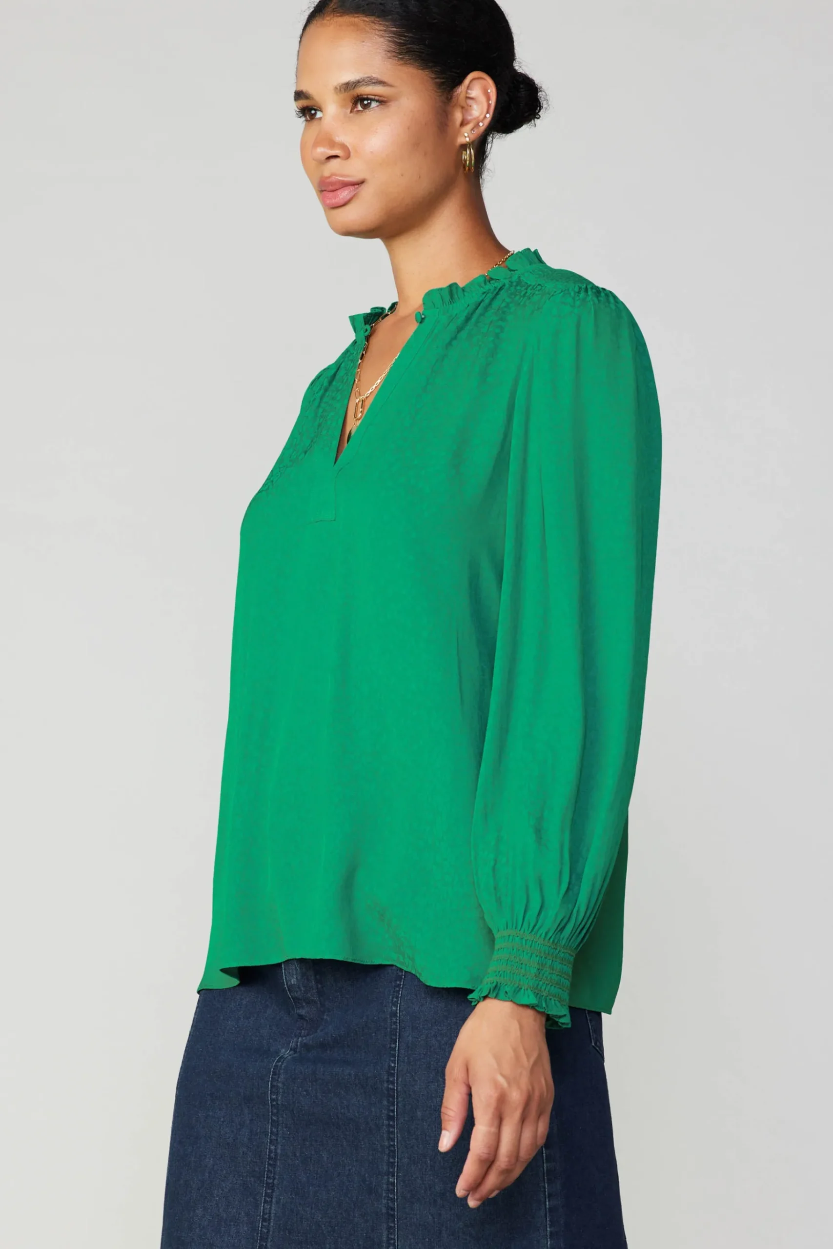 Discount Jacquard Ruffled Neck Blouse Women Long Sleeve Tops