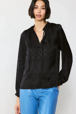 Sale Jacquard Split Neck Blouse Women Long Sleeve Tops