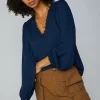 Best Lace Trim Blouse Women Long Sleeve Tops