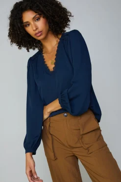 Best Lace Trim Blouse Women Long Sleeve Tops