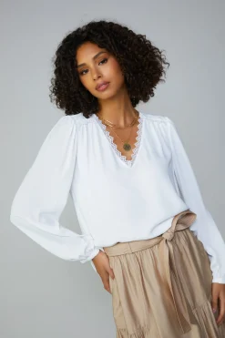 Best Lace Trim Blouse Women Long Sleeve Tops