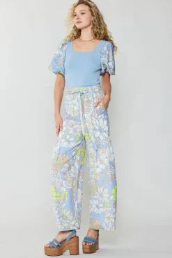 Outlet Linen Blend Floral Pants Women Pants