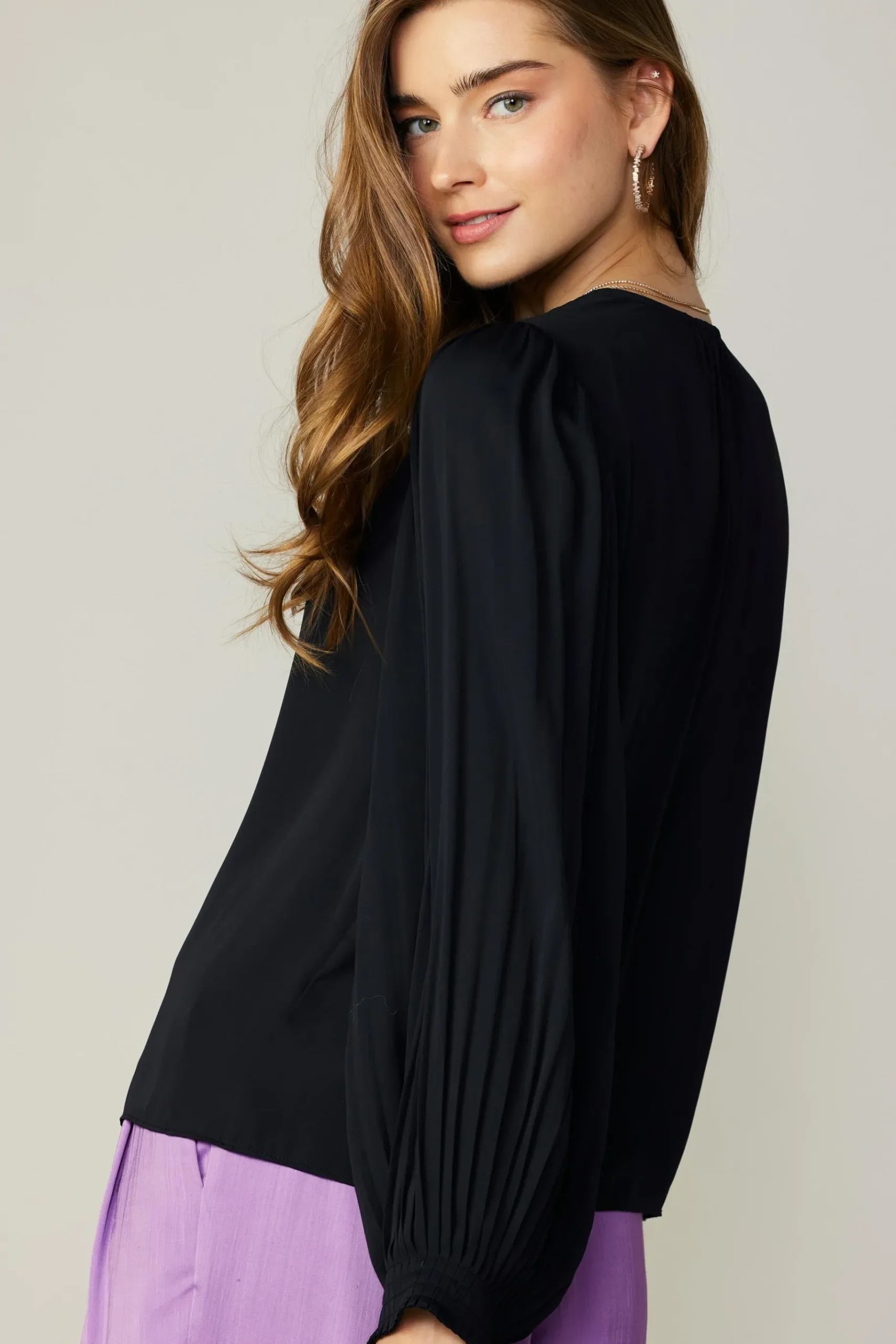 Hot Long Pleated Sleeve Blouse Women Long Sleeve Tops