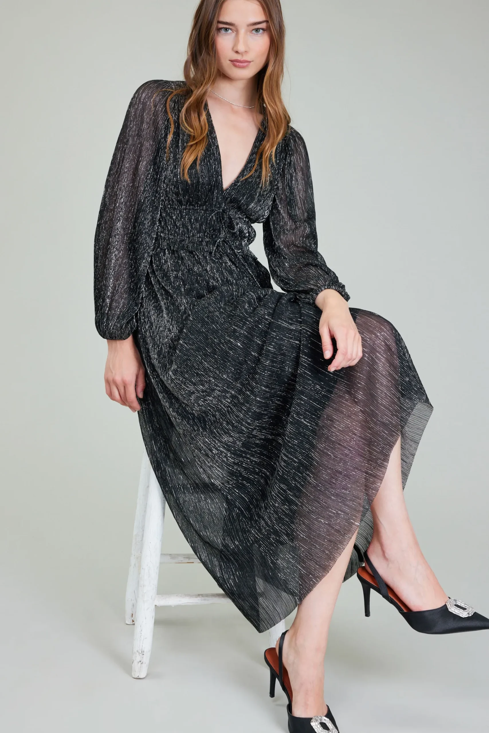 New Lurex Pleated Maxi Dress Women Maxi Dresses