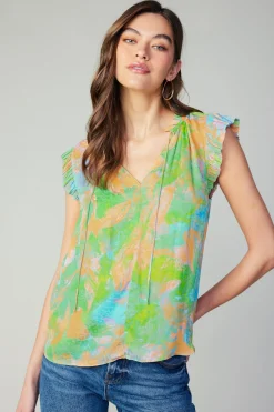 Hot Margot Abstract Pleated Sleeve Blouse Women Short Sleeve Tops