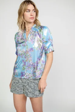 Hot Metallic Botanical Print Top Women Short Sleeve Tops