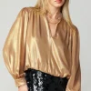 Clearance Metallic Bubble Hem Blouse Women Long Sleeve Tops